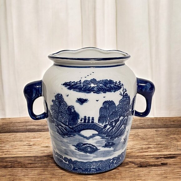 Victoria Ware Blue Transfer 7" Ironstone Hanging Wall Pocket Vase Flower Planter - Picture 1 of 7
